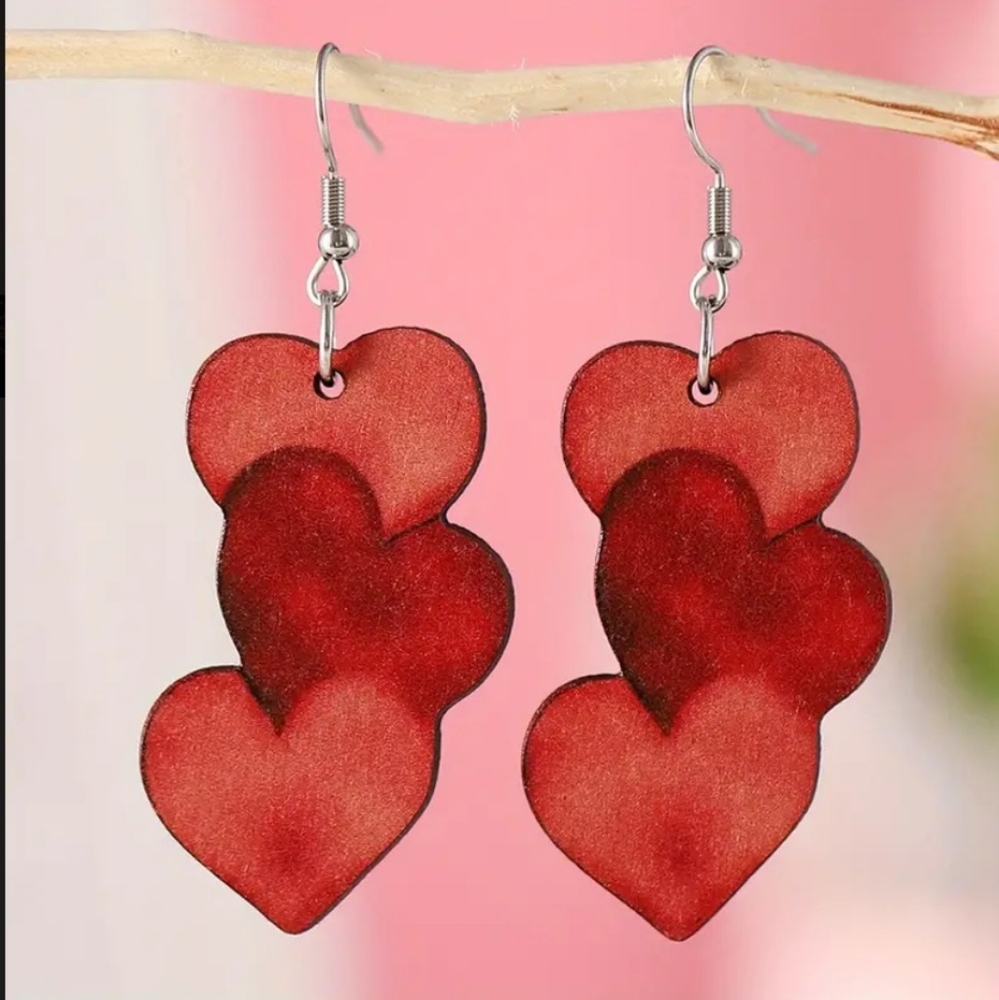 Heart dangle earrings Red shiny Valentines 2.48" L  New in package